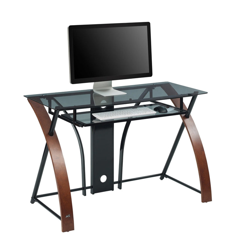 Luxury 120cm Wide Glass Desk with Keyboard Shelf - Black & Espresso Wood CED-301 by Accord
