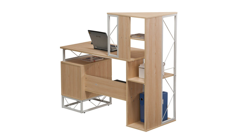 130cm Wide Large Home Office Desk & Workstation With Storage - White & Oak - CED-104