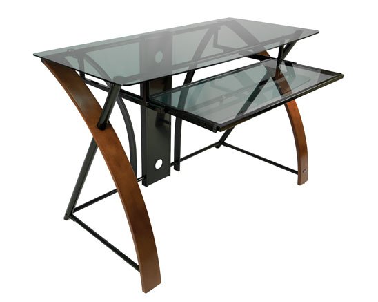 Luxury 120cm Wide Glass Desk with Keyboard Shelf - Black & Espresso Wood CED-301 by Accord
